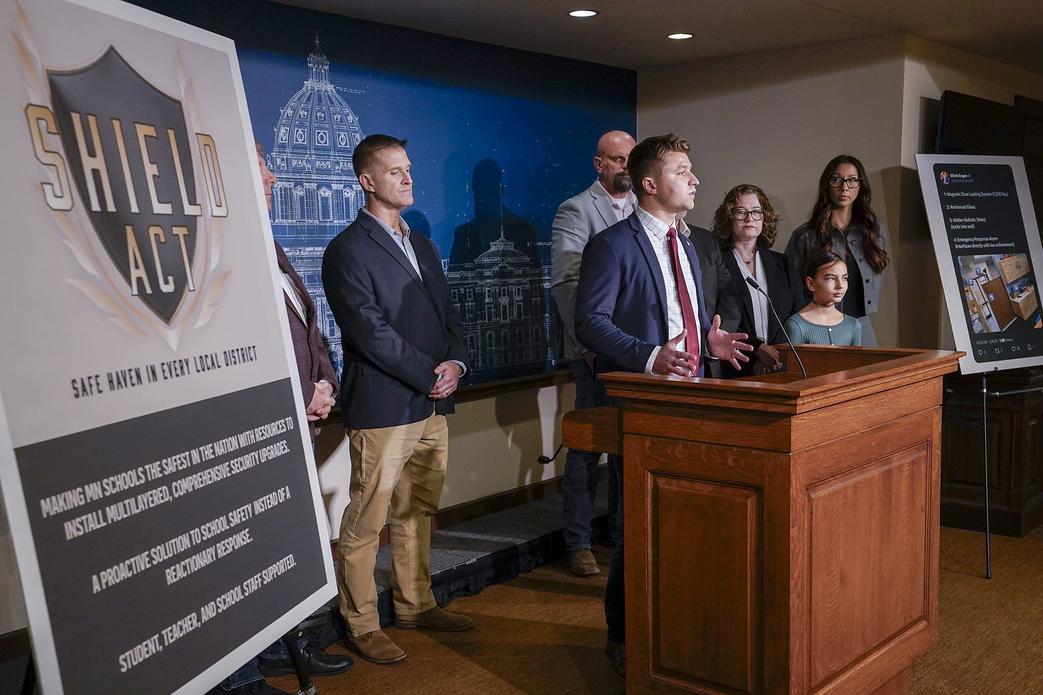 Rep. Elliot Engen speaks at a press conference Feb. 26 regarding HF15, a bill he sponsors that would require student and staff safety measures to be included in every school district’s long-term facilities maintenance plan. (Photo by Michele Jokinen)